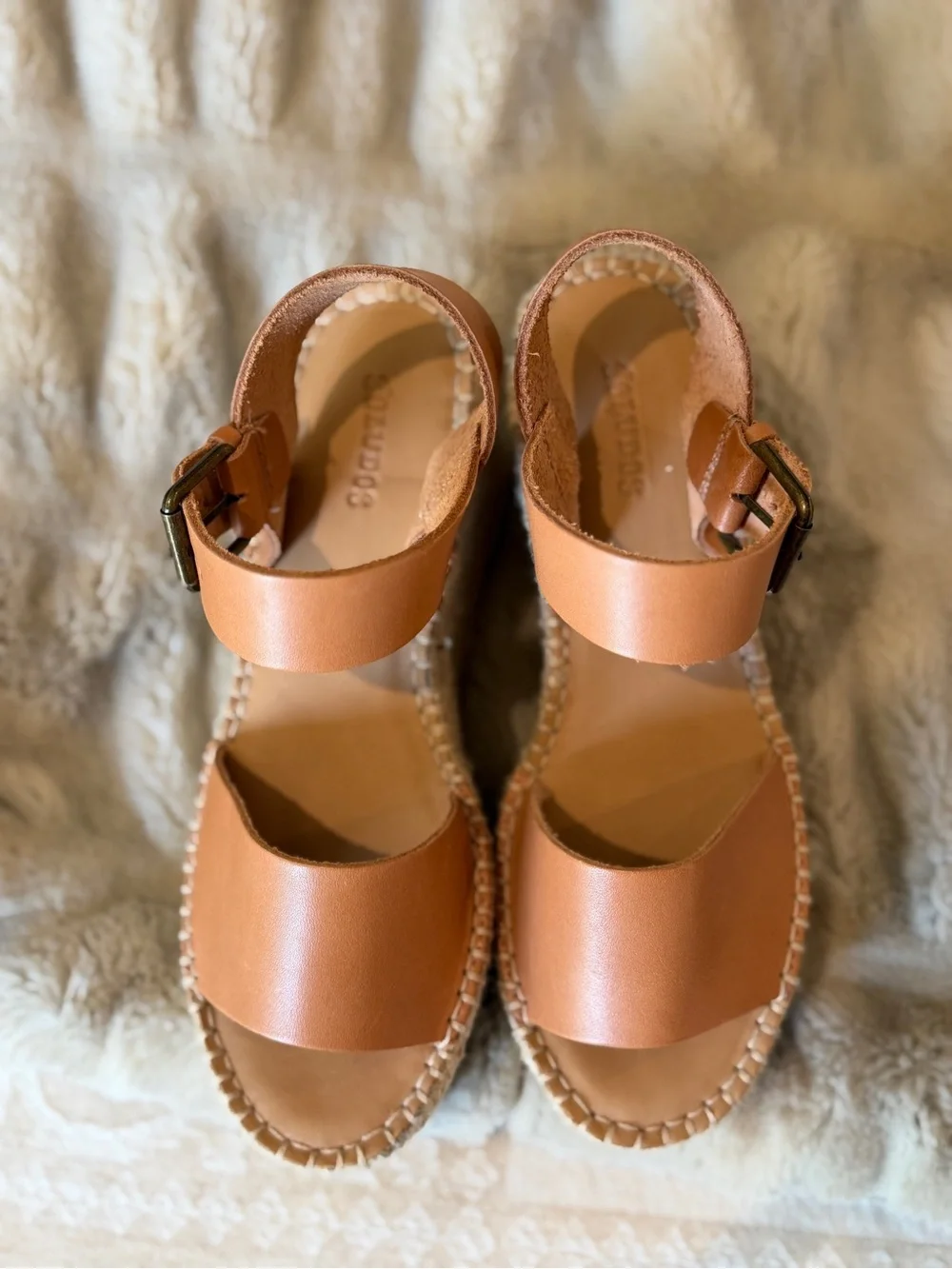 Soludos Tan Leather Espadrille Wedge Sandals